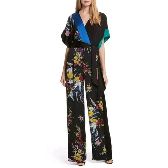 Diane Von Furstenberg Rinna Jumpsuit Black Floral Wrap Tie Silk DVF size 6 S - Picture 1 of 12